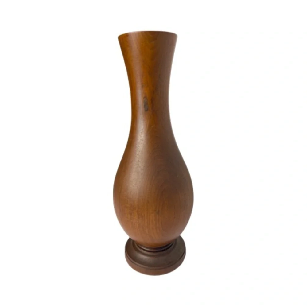 Vintage MCM Hand Turned 13” Tall Solid Wood Flower Vase